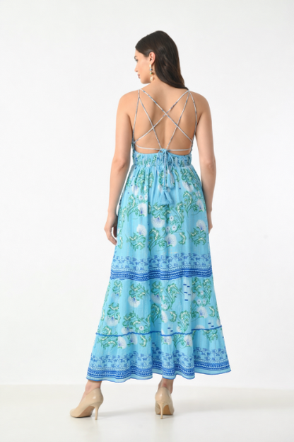 26419 Bohemian Floral Print Tiered Maxi Dress with Spaghetti Straps