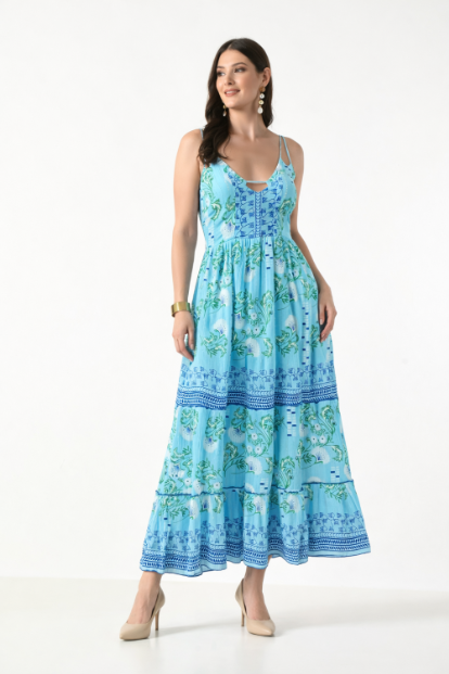 26419 Bohemian Floral Print Tiered Maxi Dress with Spaghetti Straps