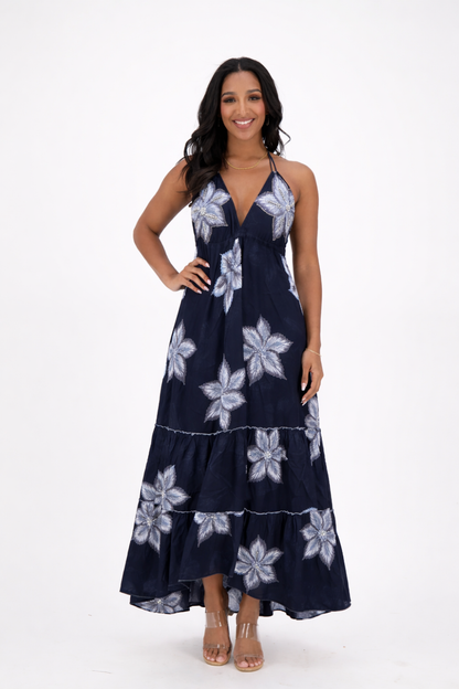 26478 Boho Halter Neck Maxi Dress with Open Back & Tassel Tie Detail – Black & white Floral Print