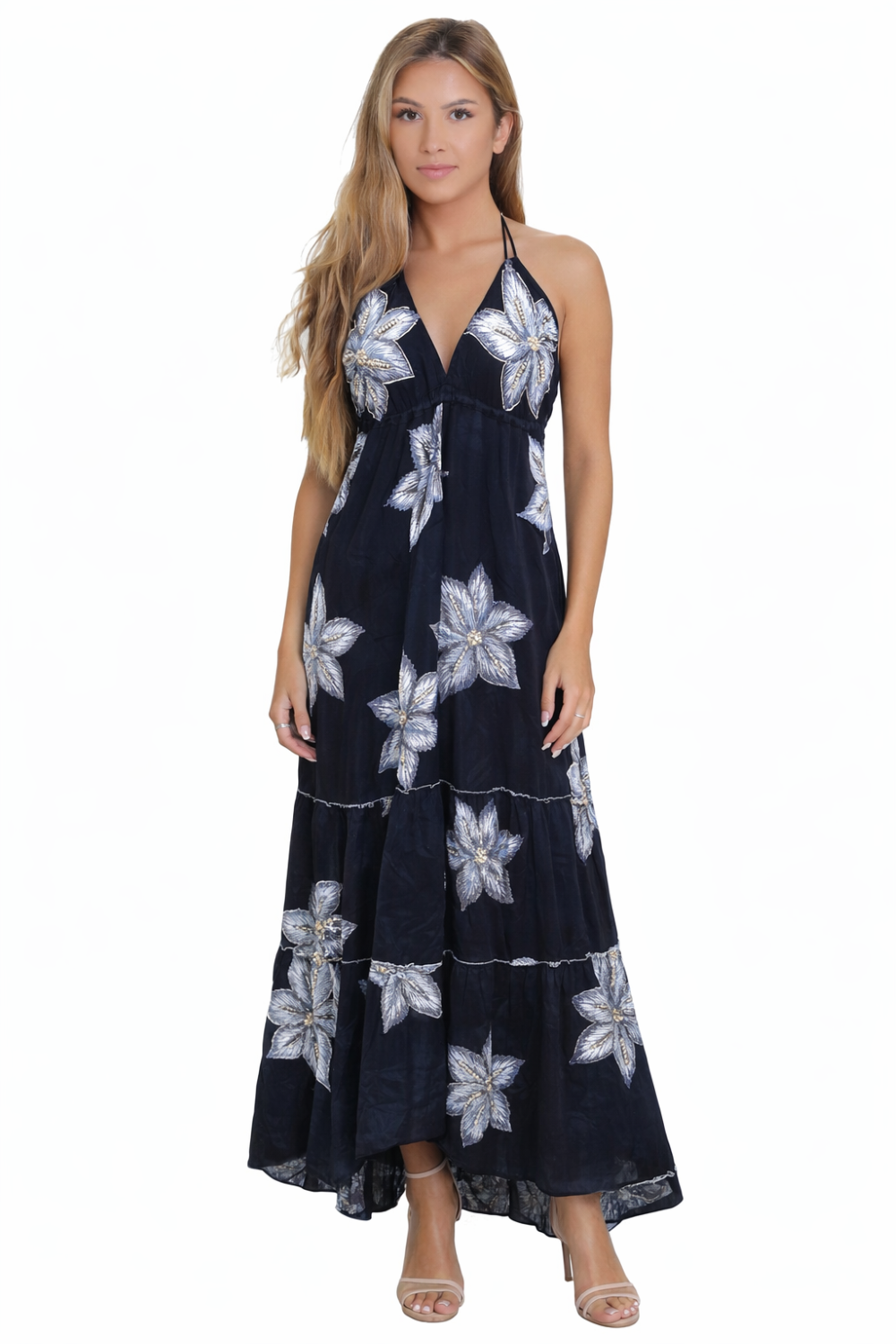 26478 Boho Halter Neck Maxi Dress with Open Back & Tassel Tie Detail – Black & white Floral Print