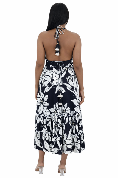 26480 Boho Halter Neck Maxi Dress with Open Back & Tassel Tie Detail – Black & Ivory Floral Print