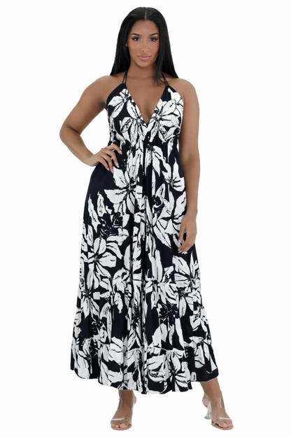 26480 Boho Halter Neck Maxi Dress with Open Back & Tassel Tie Detail – Black & Ivory Floral Print
