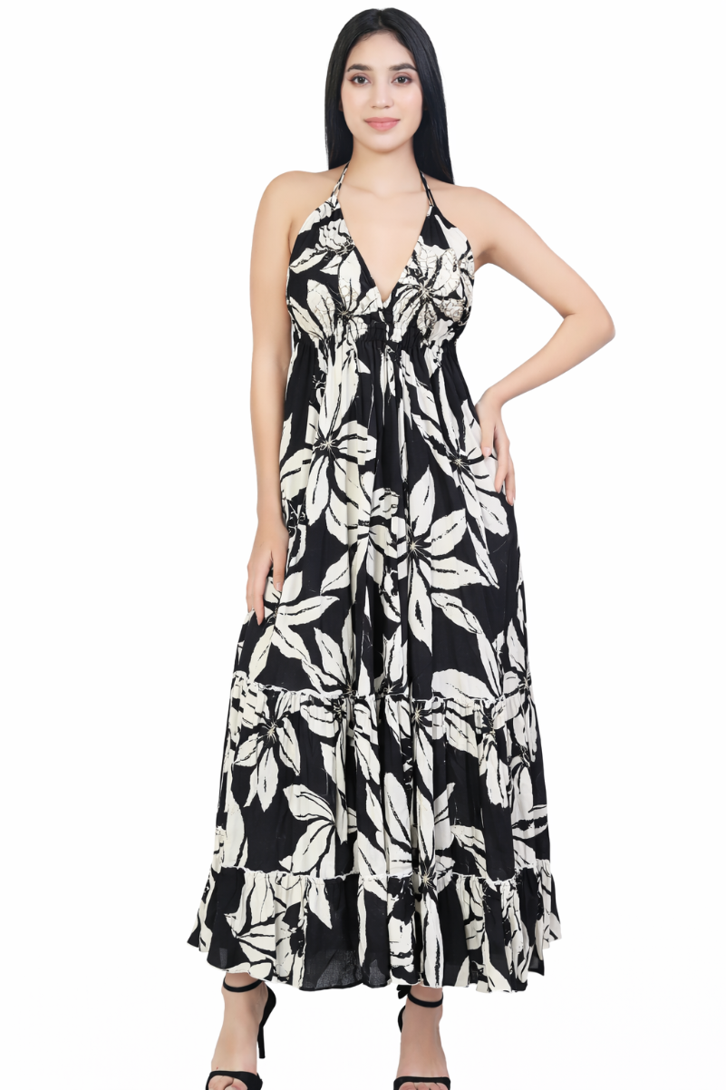 26480 Boho Halter Neck Maxi Dress with Open Back & Tassel Tie Detail – Black & Ivory Floral Print
