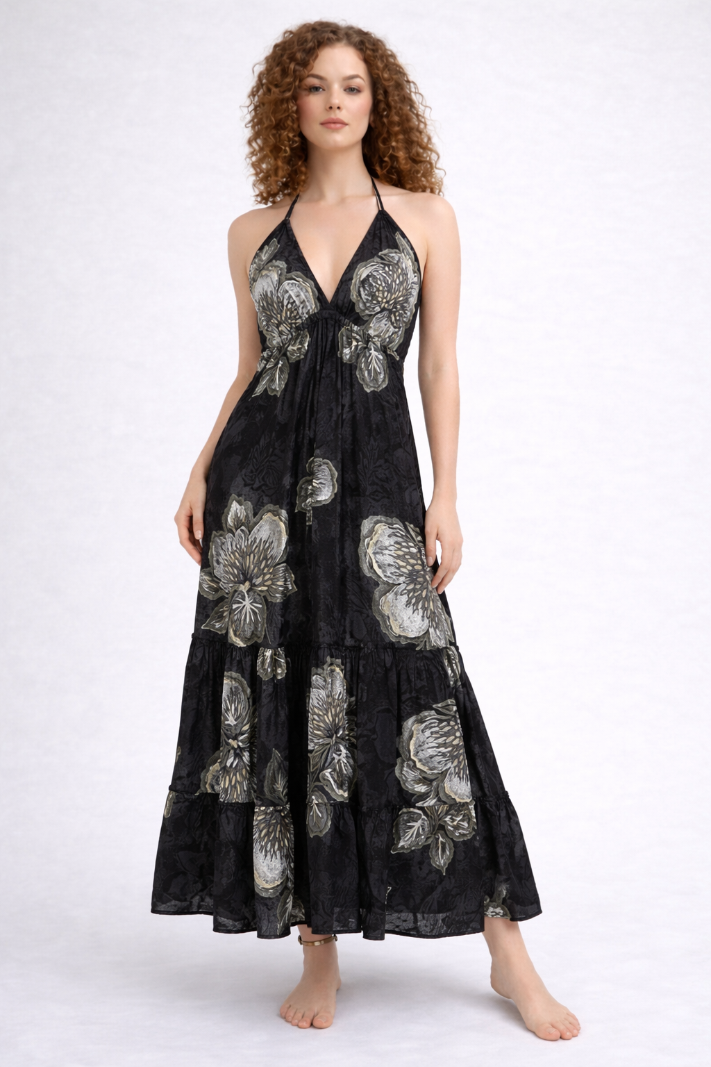 26479 Elegant Black/white Floral Halter Maxi Dress – Flowing Tiered Summer Dress