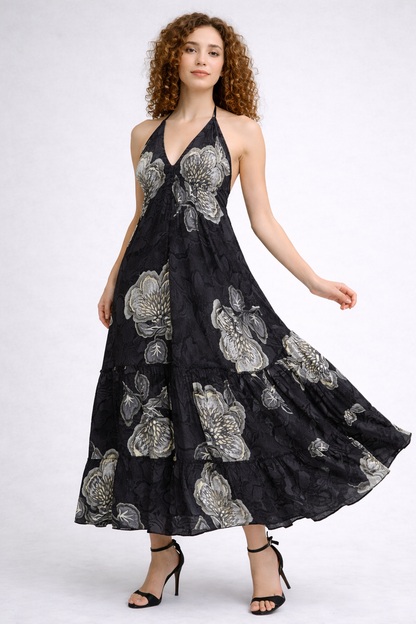 26479 Elegant Black/white Floral Halter Maxi Dress – Flowing Tiered Summer Dress