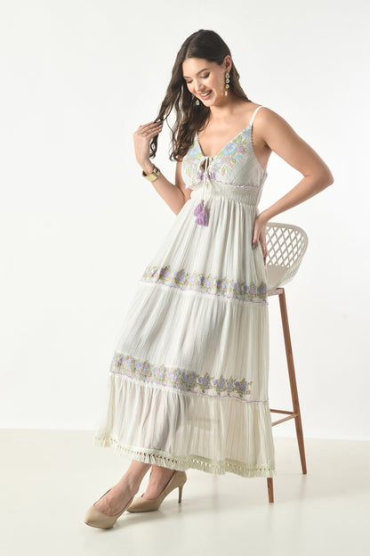 26430 Embroidered Boho Maxi Dress with Tassel Tie