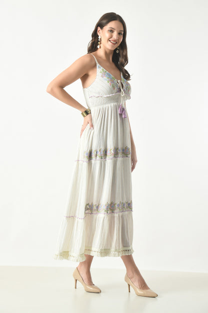 26430 Embroidered Boho Maxi Dress with Tassel Tie