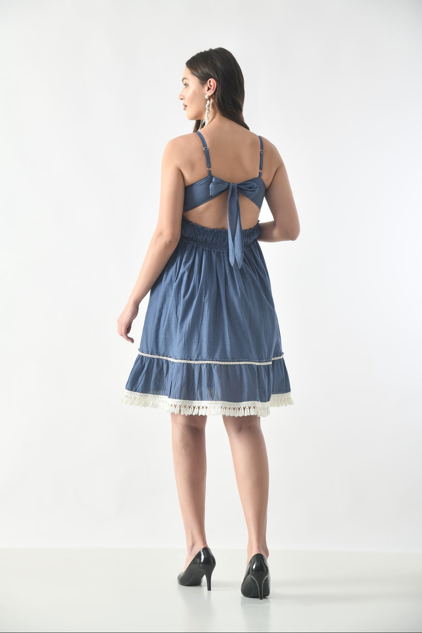 26445 Chambray Embroidered Tie-Back Midi Dress – Smocked Waist Boho Style