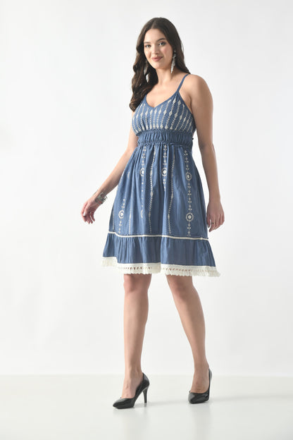 26445 Chambray Embroidered Tie-Back Midi Dress – Smocked Waist Boho Style