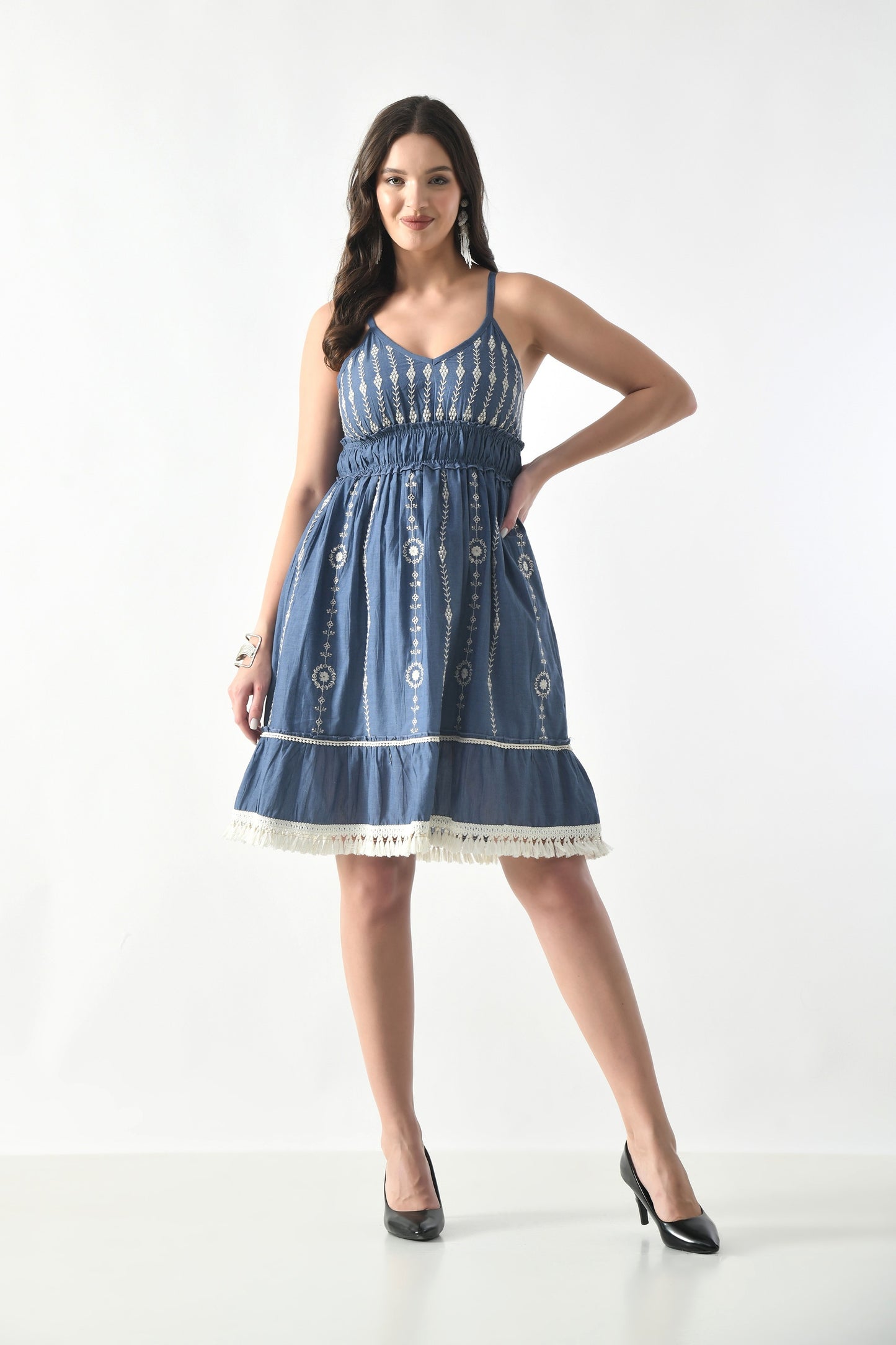 26445 Chambray Embroidered Tie-Back Midi Dress – Smocked Waist Boho Style