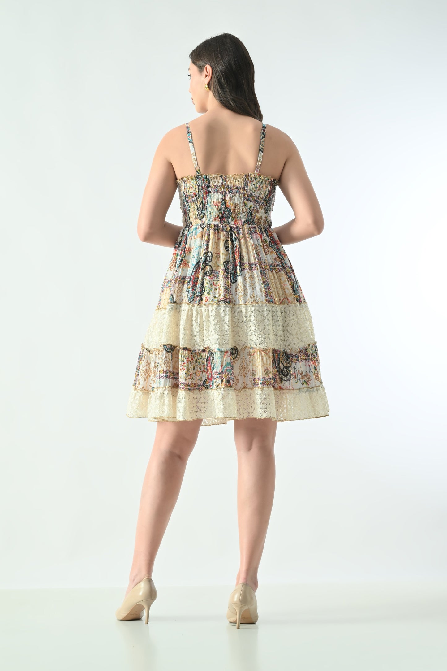 26450 Boho Paisley Print Lace Tiered Mini Dress – Smocked Waist with Tassel Tie
