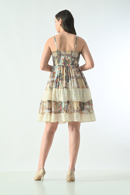 26450 Boho Paisley Print Lace Tiered Mini Dress – Smocked Waist with Tassel Tie