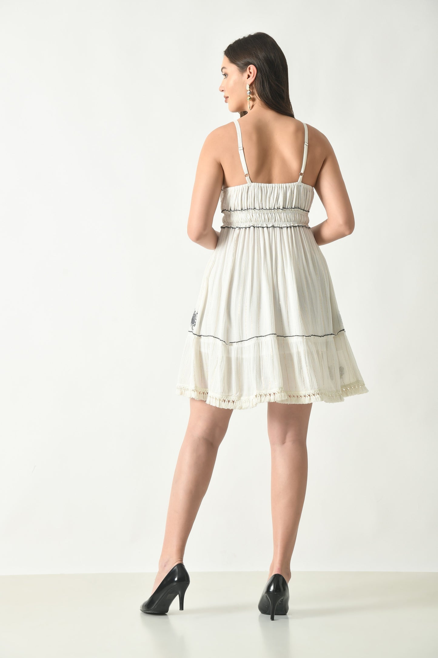 26454 Embroidered Boho Mini Dress with Tassel Tie – Rayon