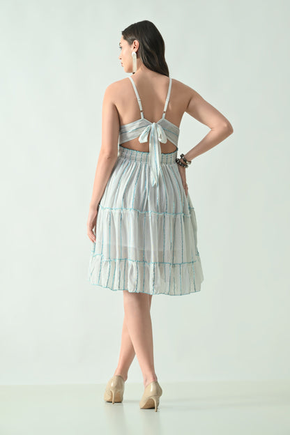 26469 Embroidered V-Neck Rayon Mini Dress with Adjustable Tie Waist
