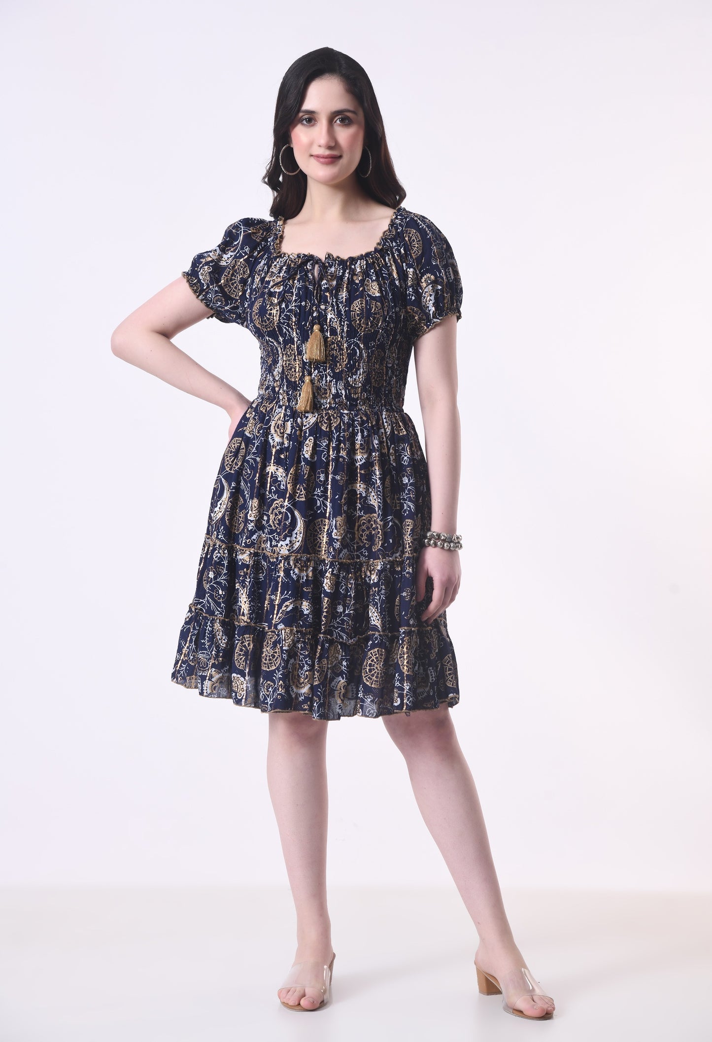 26468 Off-Shoulder Smocked Rayon Mini Dress with Tassel Tie