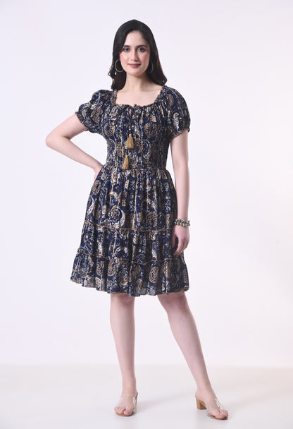 26468 Off-Shoulder Smocked Rayon Mini Dress with Tassel Tie