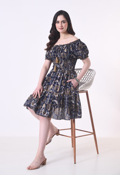 26468 Off-Shoulder Smocked Rayon Mini Dress with Tassel Tie