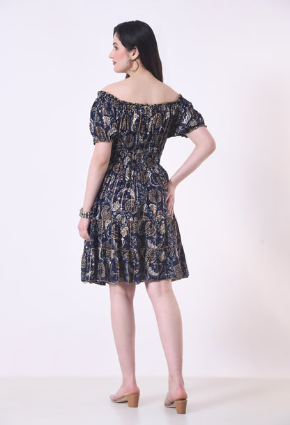 26468 Off-Shoulder Smocked Rayon Mini Dress with Tassel Tie