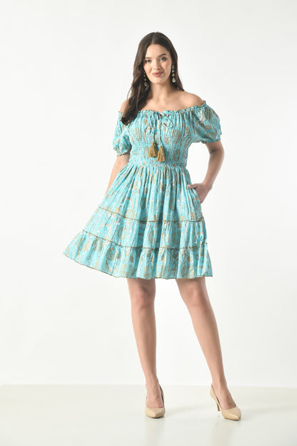26468 Off-Shoulder Smocked Rayon Mini Dress with Tassel Tie