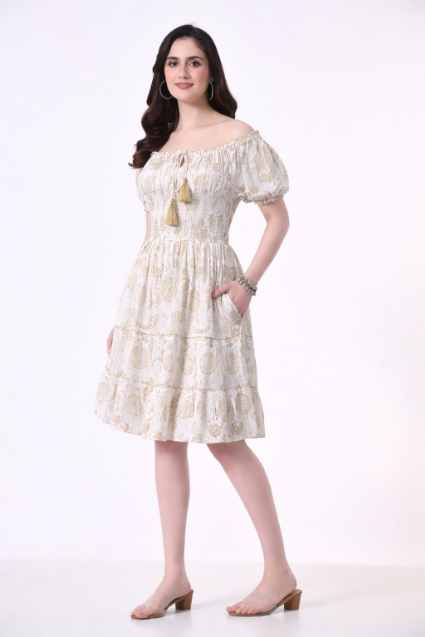 26468 Off-Shoulder Smocked Rayon Mini Dress with Tassel Tie