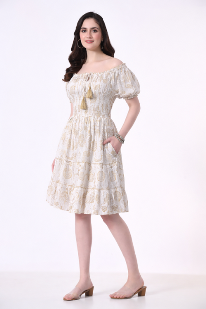 26468 Off-Shoulder Smocked Rayon Mini Dress with Tassel Tie
