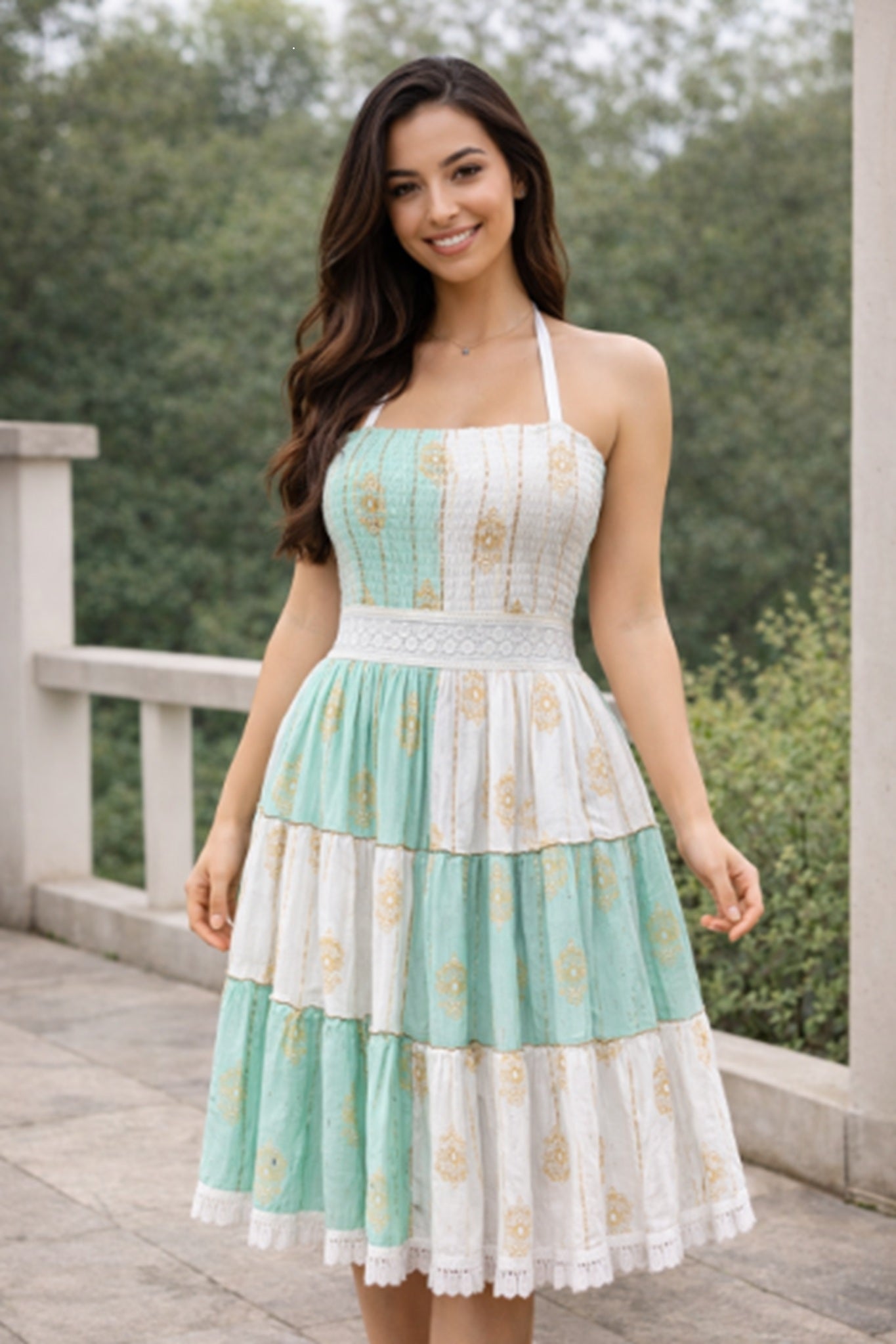 26467 Women's Smocked Halter Tiered Mini Dress – Assorted Colors with Gold Print