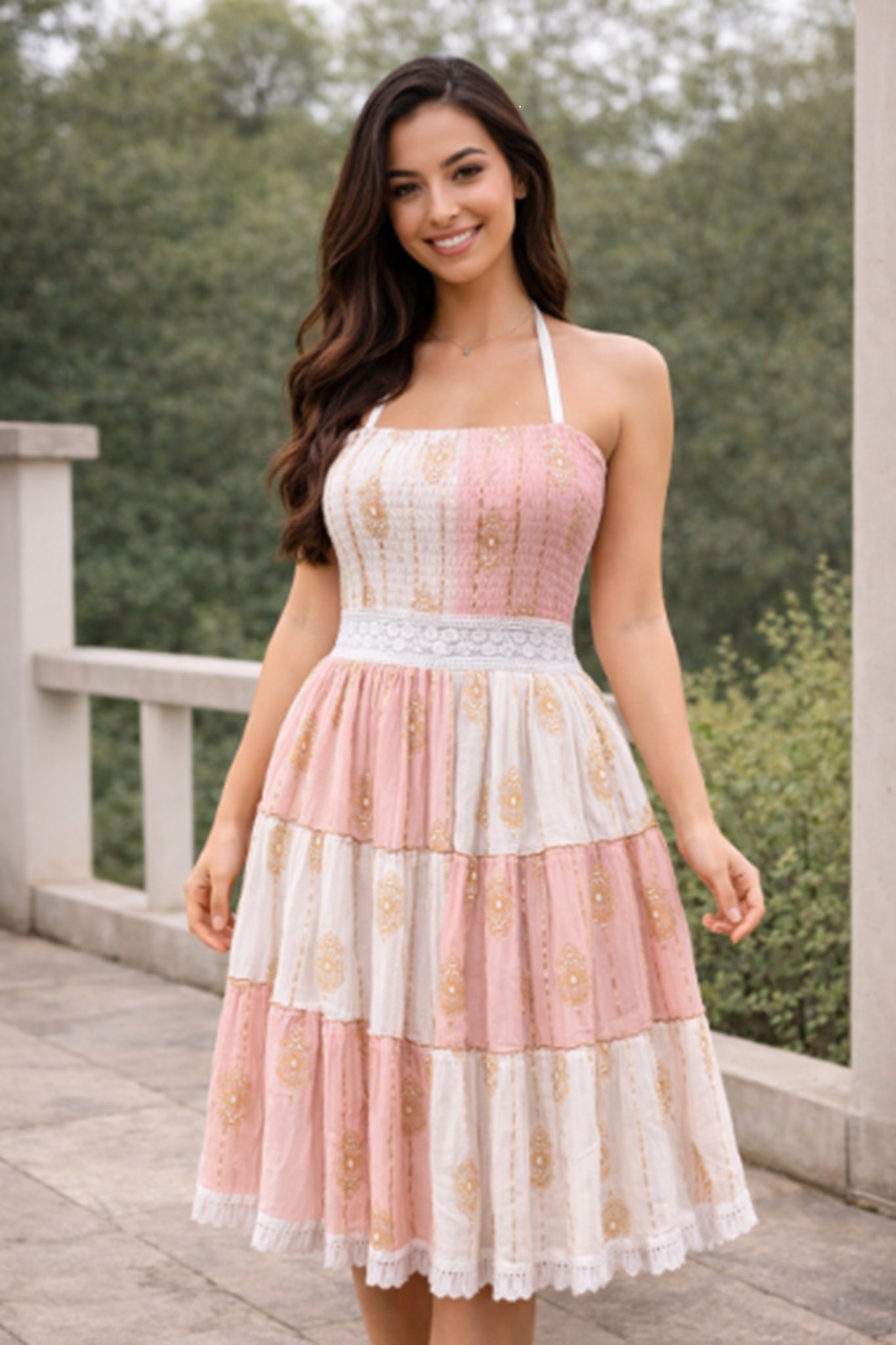 26467 Women's Smocked Halter Tiered Mini Dress – Assorted Colors with Gold Print