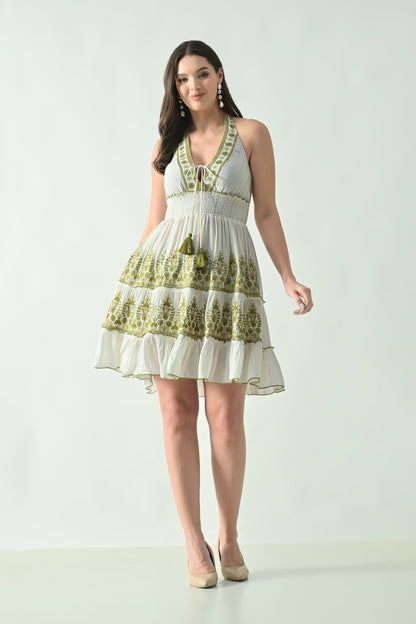 26466 Embroidered Halter Neck Tiered Mini Dress with Tassel Tie – Rayon