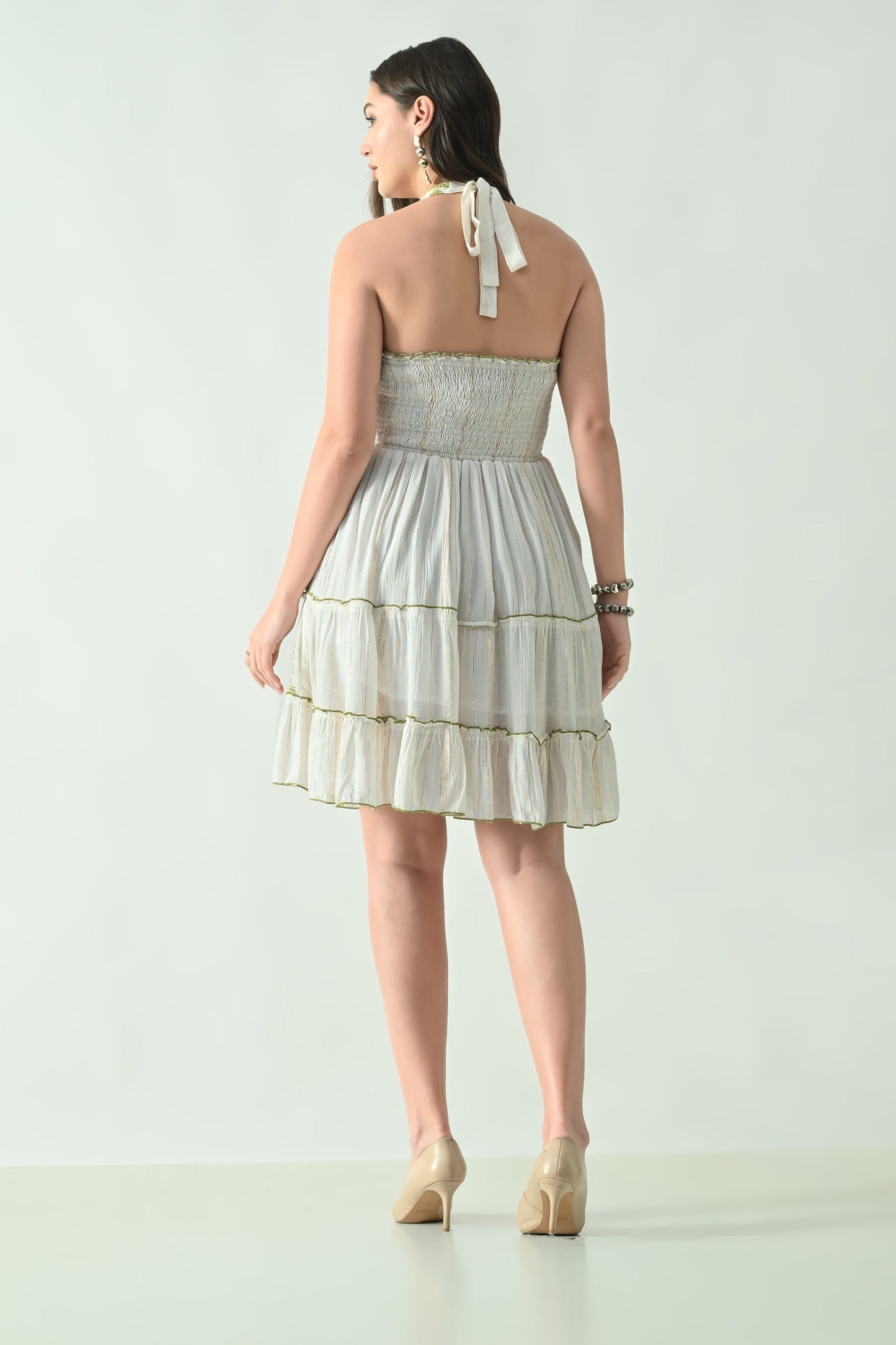 26466 Embroidered Halter Neck Tiered Mini Dress with Tassel Tie – Rayon