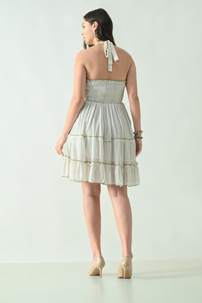 26466 Embroidered Halter Neck Tiered Mini Dress with Tassel Tie – Rayon