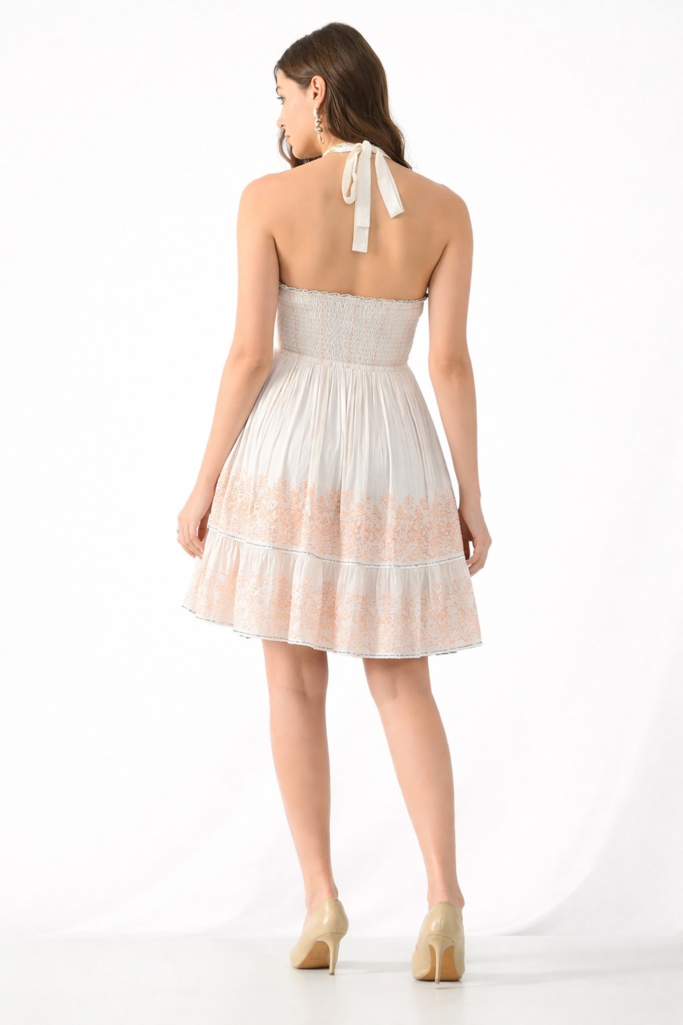 26466 Embroidered Halter Neck Tiered Mini Dress with Tassel Tie – Rayon