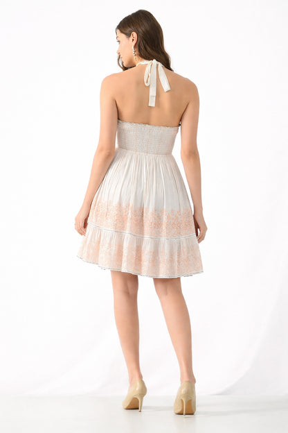 26466 Embroidered Halter Neck Tiered Mini Dress with Tassel Tie – Rayon