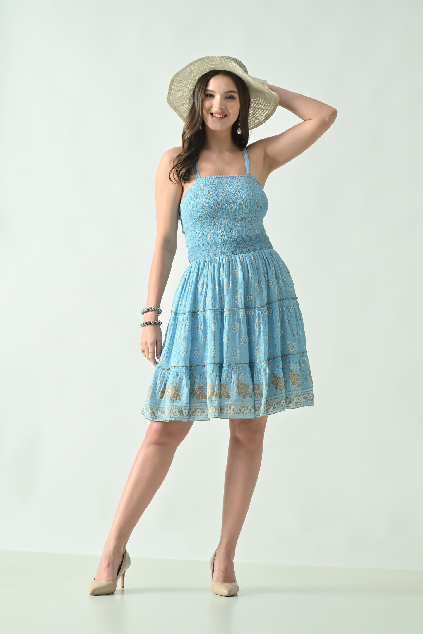 26465 Boho Smocked Mini Dress with Gold Print – Halter Neck Sundress