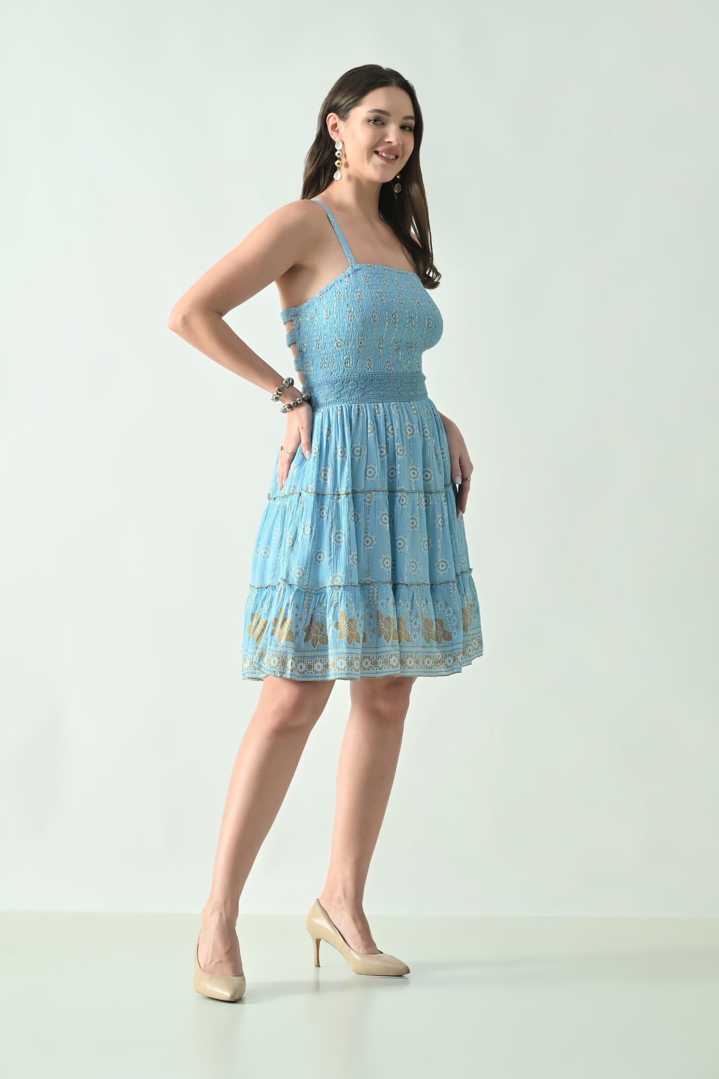 26465 Boho Smocked Mini Dress with Gold Print – Halter Neck Sundress