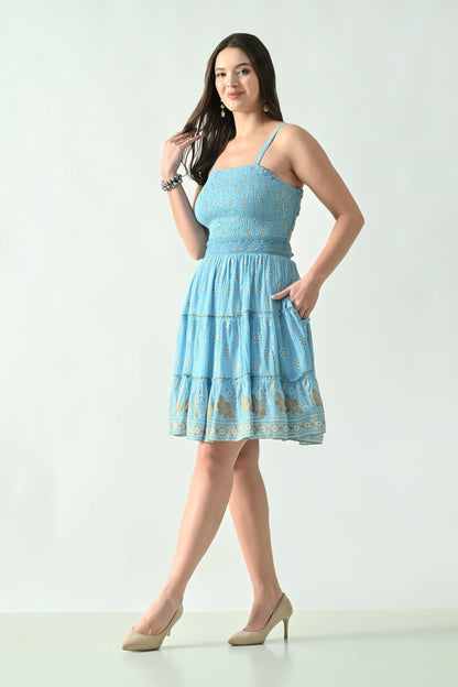 26465 Boho Smocked Mini Dress with Gold Print – Halter Neck Sundress