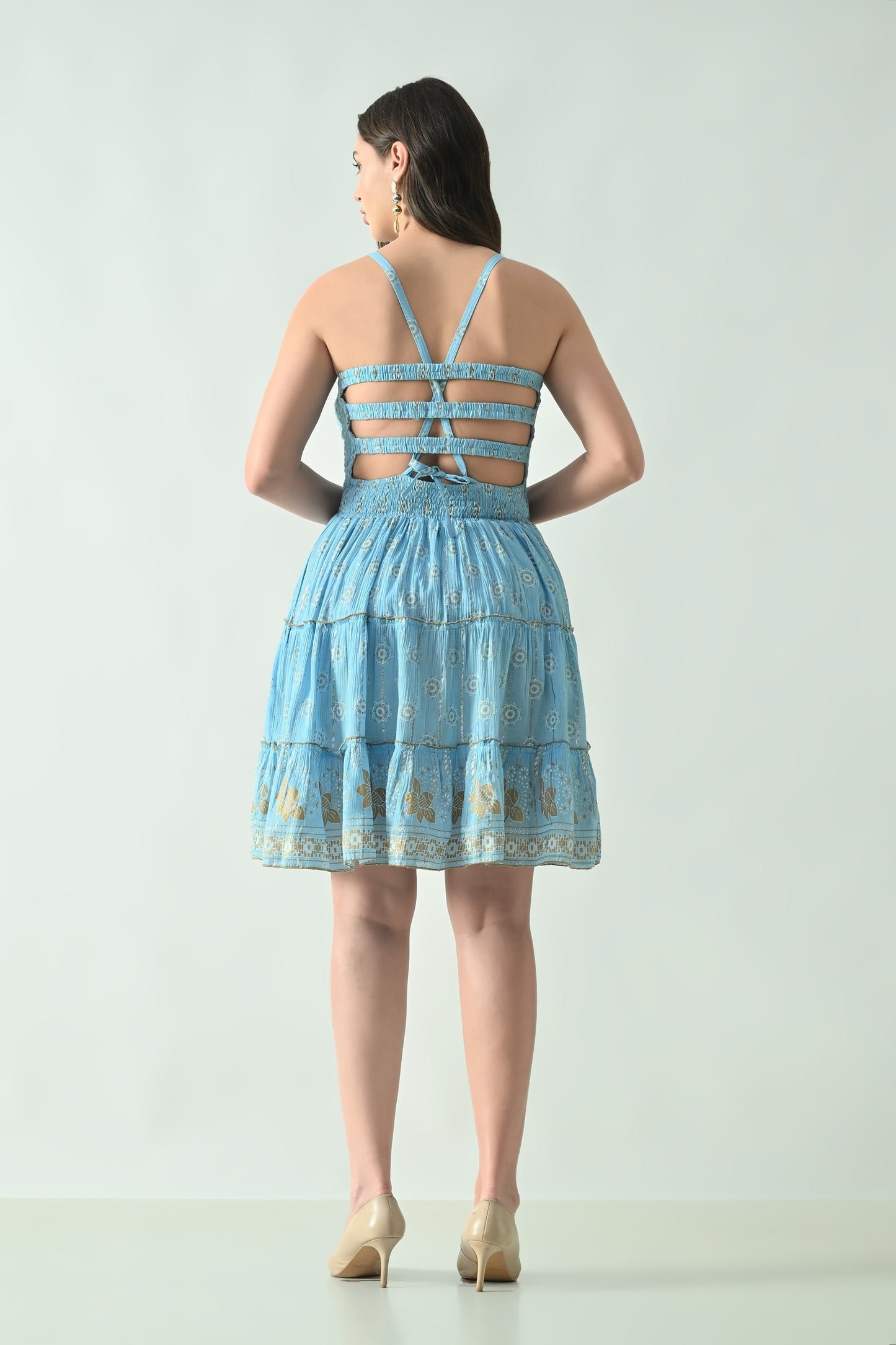 26465 Boho Smocked Mini Dress with Gold Print – Halter Neck Sundress