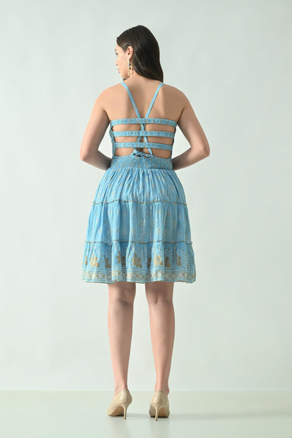 26465 Boho Smocked Mini Dress with Gold Print – Halter Neck Sundress