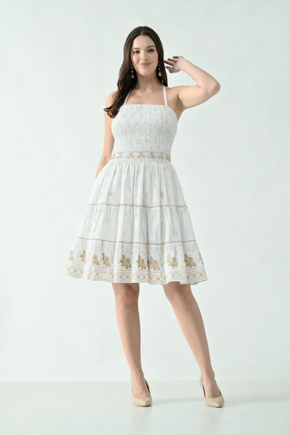 26465 Boho Smocked Mini Dress with Gold Print – Halter Neck Sundress