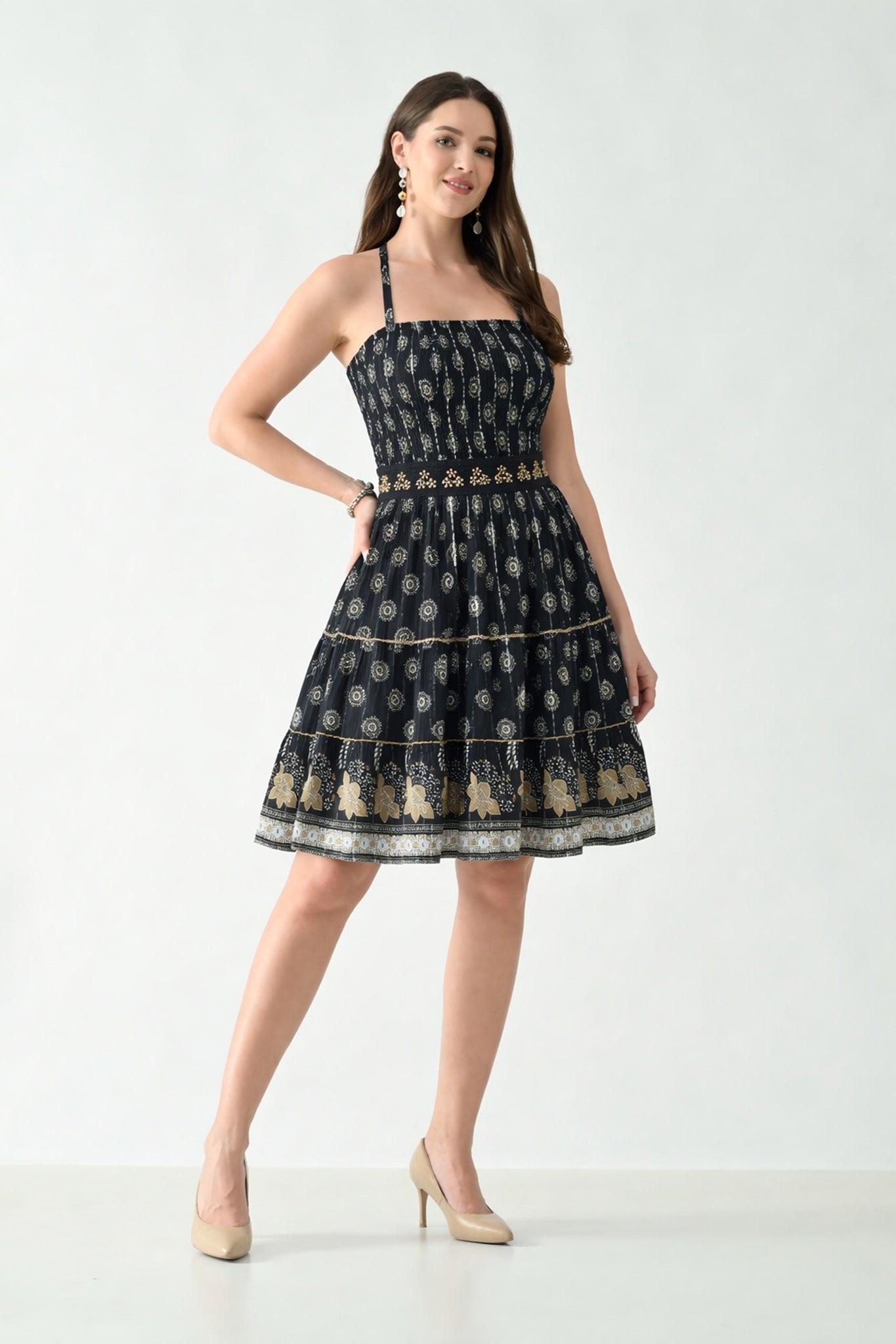 26465 Boho Smocked Mini Dress with Gold Print – Halter Neck Sundress