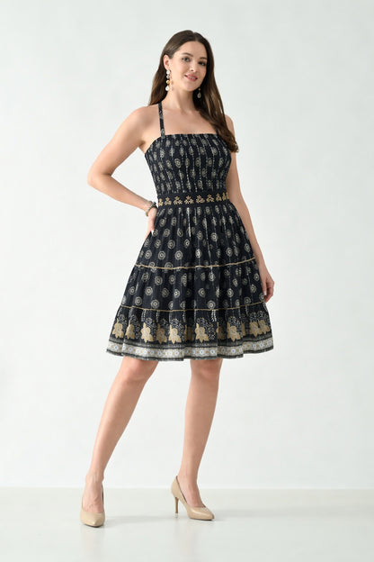 26465 Boho Smocked Mini Dress with Gold Print – Halter Neck Sundress