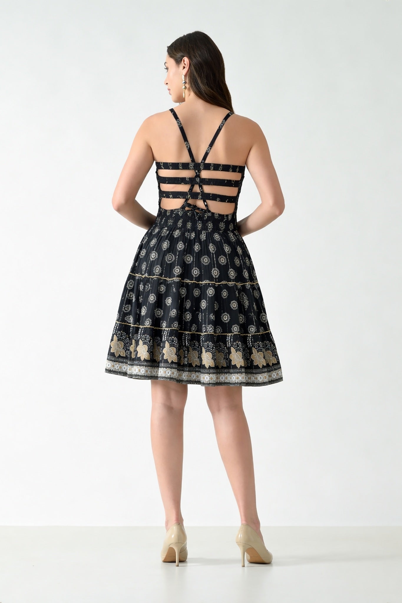 26465 Boho Smocked Mini Dress with Gold Print – Halter Neck Sundress