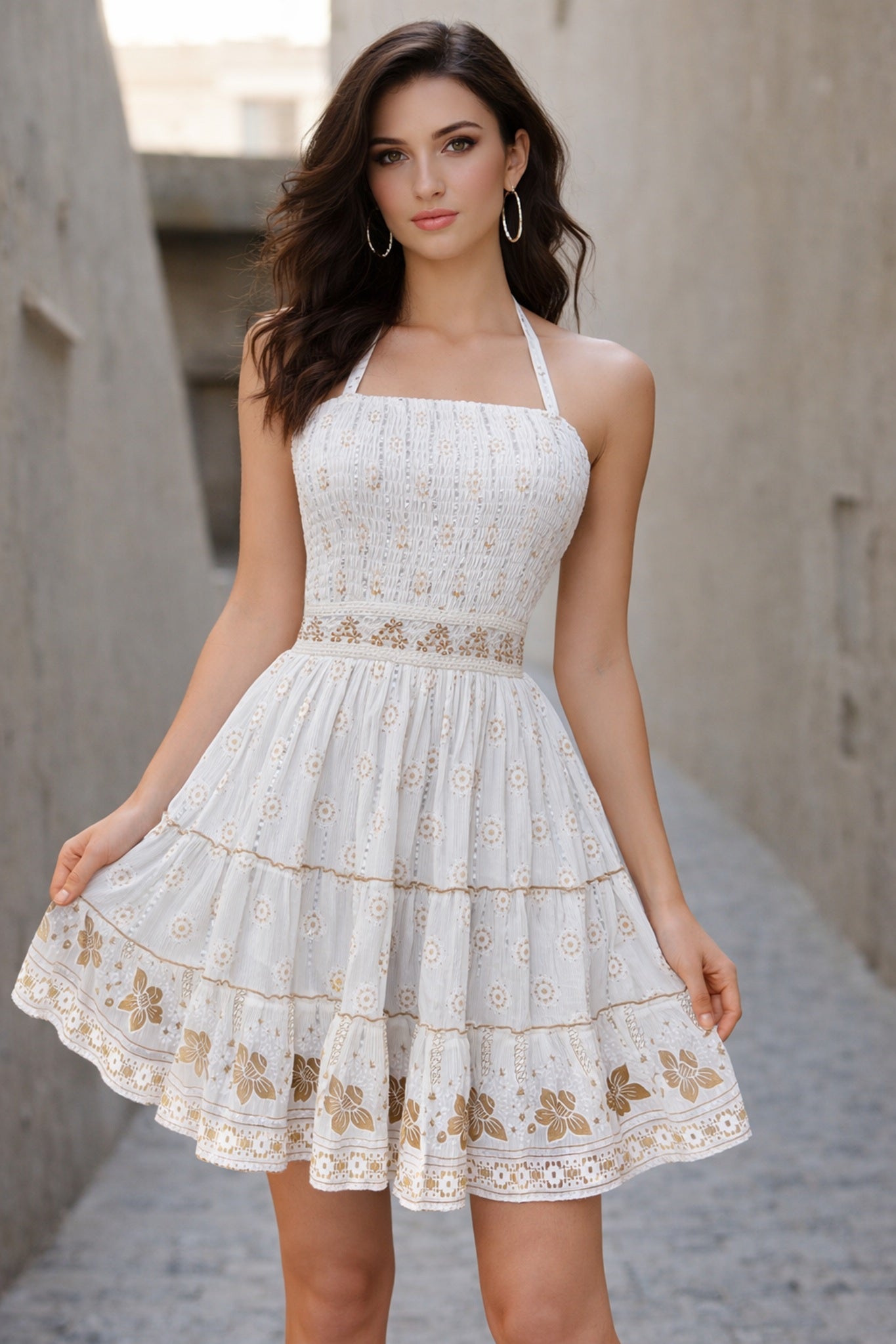 26465 Boho Smocked Mini Dress with Gold Print – Halter Neck Sundress