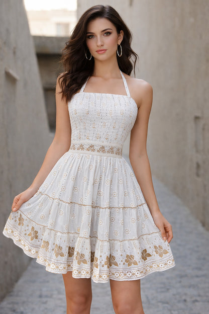 26465 Boho Smocked Mini Dress with Gold Print – Halter Neck Sundress