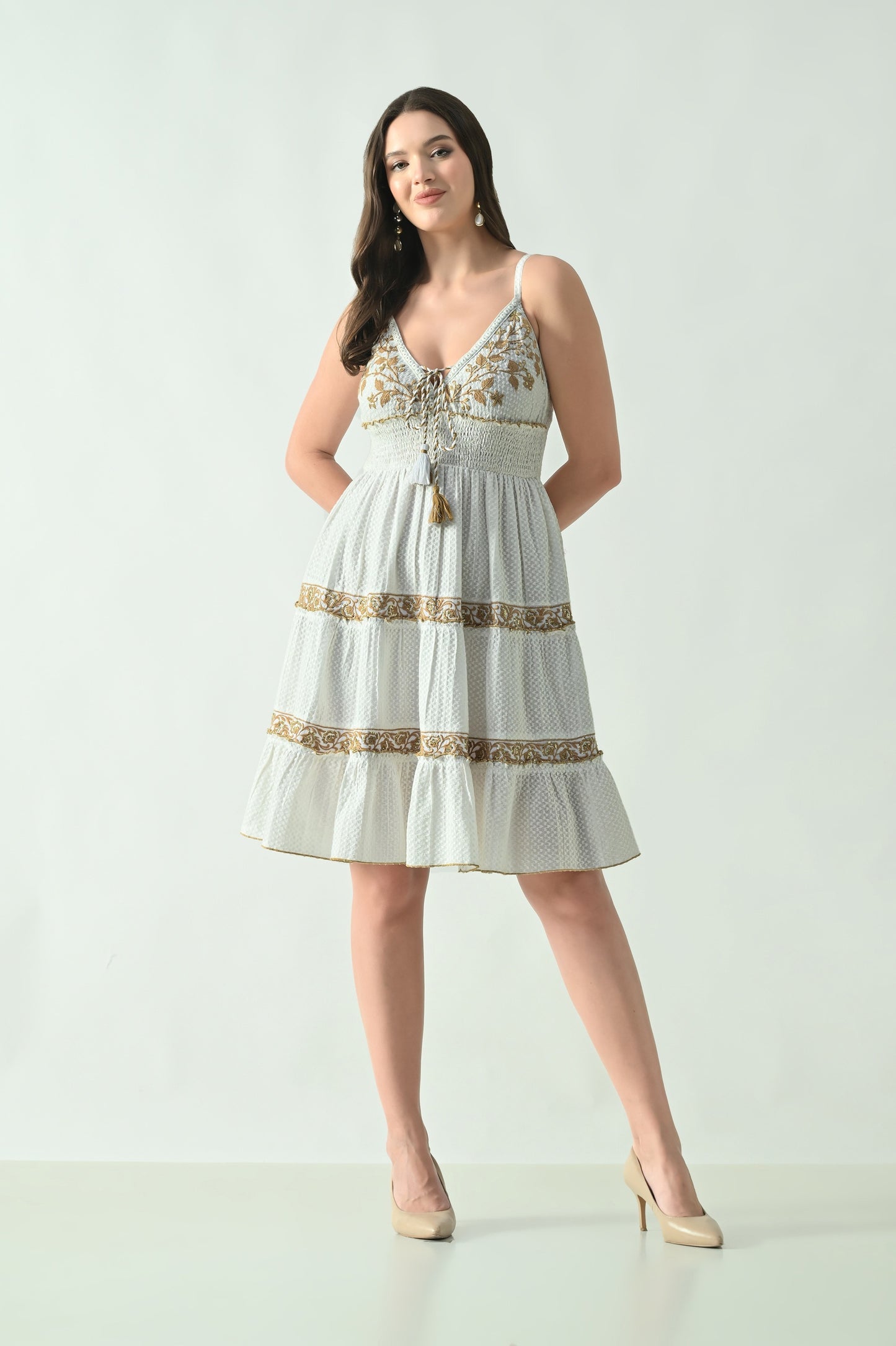 26455 Floral Embroidered Boho Mini Dress with Tassel Tie – Rayon