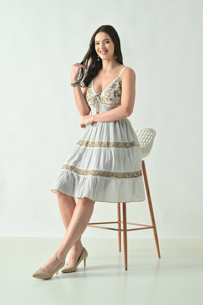 26455 Floral Embroidered Boho Mini Dress with Tassel Tie – Rayon