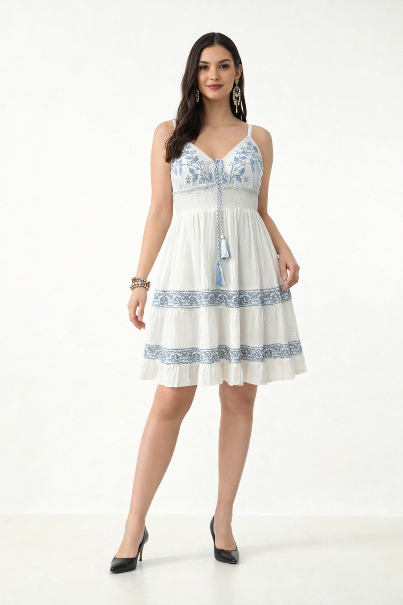 26455 Floral Embroidered Boho Mini Dress with Tassel Tie – Rayon