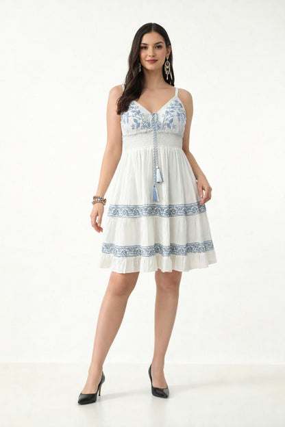 26455 Floral Embroidered Boho Mini Dress with Tassel Tie – Rayon