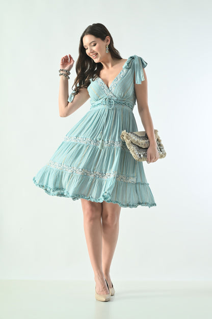 26456  Embroidered Boho Mini Dress with Tie Straps & Tassel Detail
