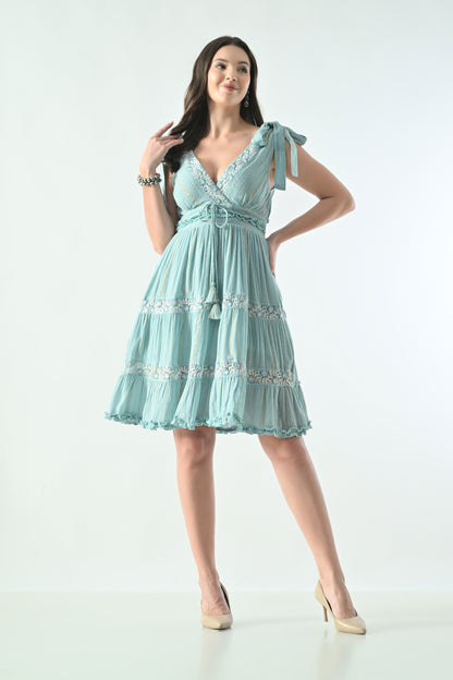 26456  Embroidered Boho Mini Dress with Tie Straps & Tassel Detail