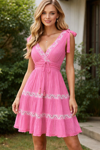 26456  Embroidered Boho Mini Dress with Tie Straps & Tassel Detail